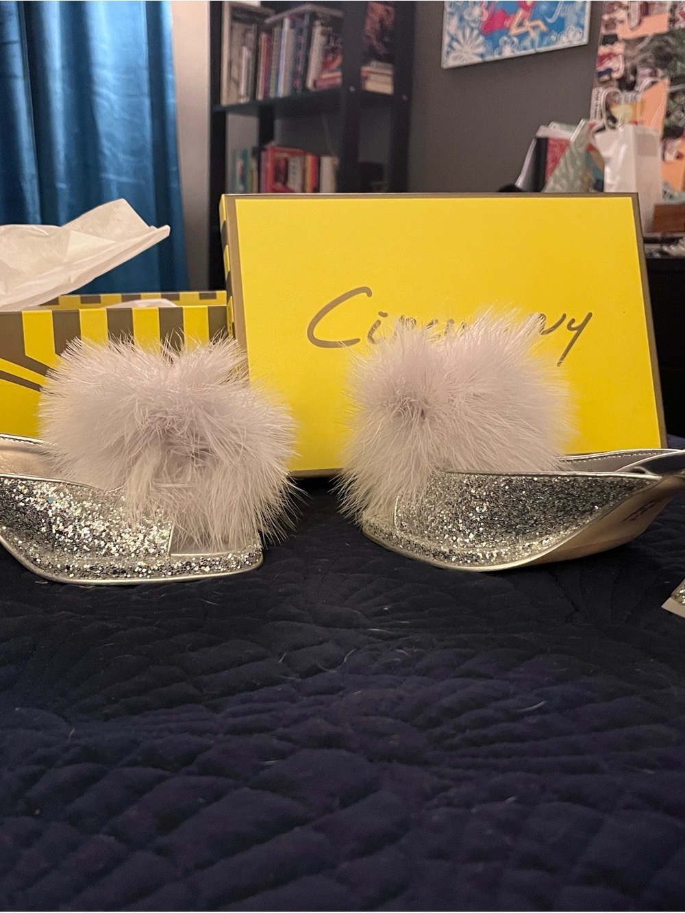 Circus by Sam Edelman Silver Glitter Espadrille Slides with Pink Fur Pom